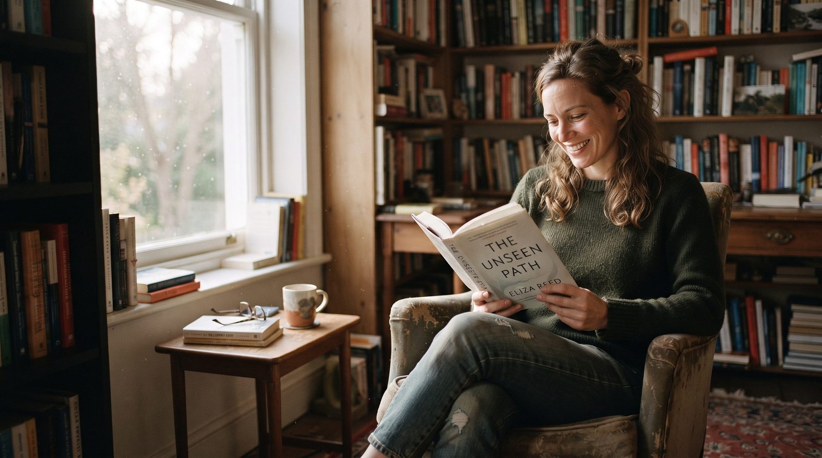 An author at home holding their freshly printed book published by Atlas Publishers